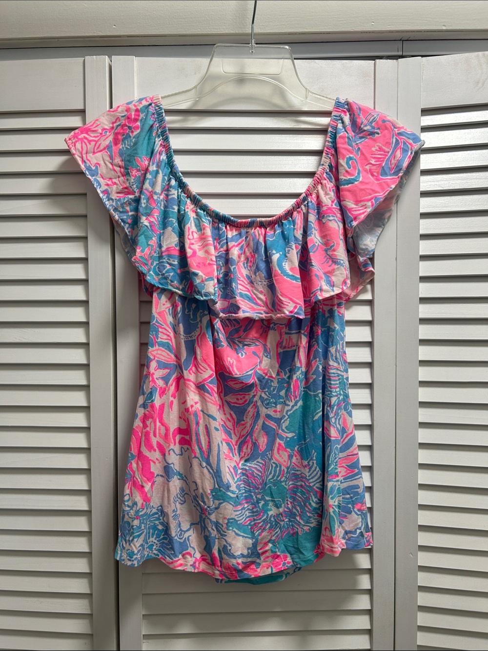 Lilly Pulitzer Pink and Blue Off-Shoulder Ruffle Tunic